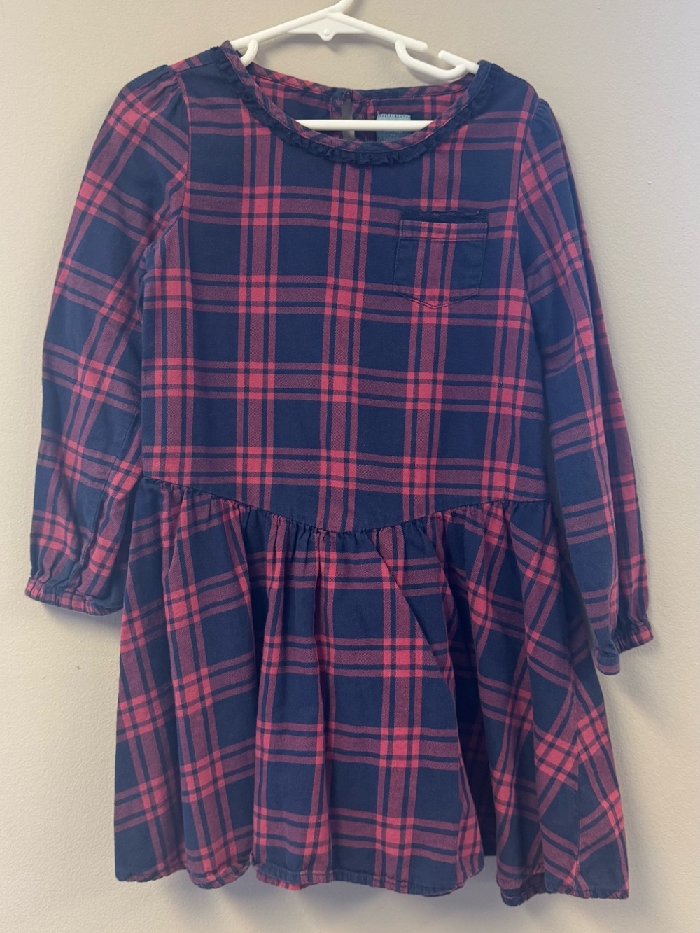 GAP Girls Navy and Pink Plaid Long-Sleeve Gathered Dress
